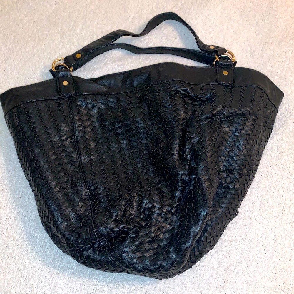 Neiman Marcus Large Faux Leather Black Woven Shoulder Handbag/Tote